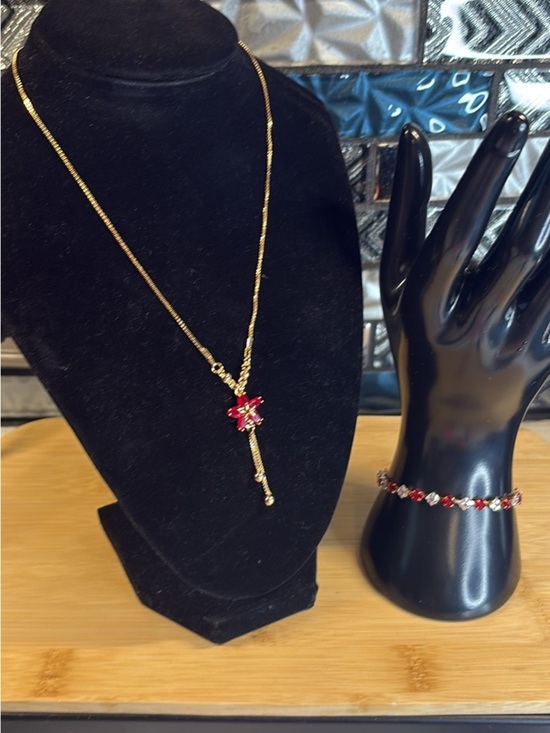Jewelry - Gold-Tone Necklace and Bracelet Set with Red Crystal Flower